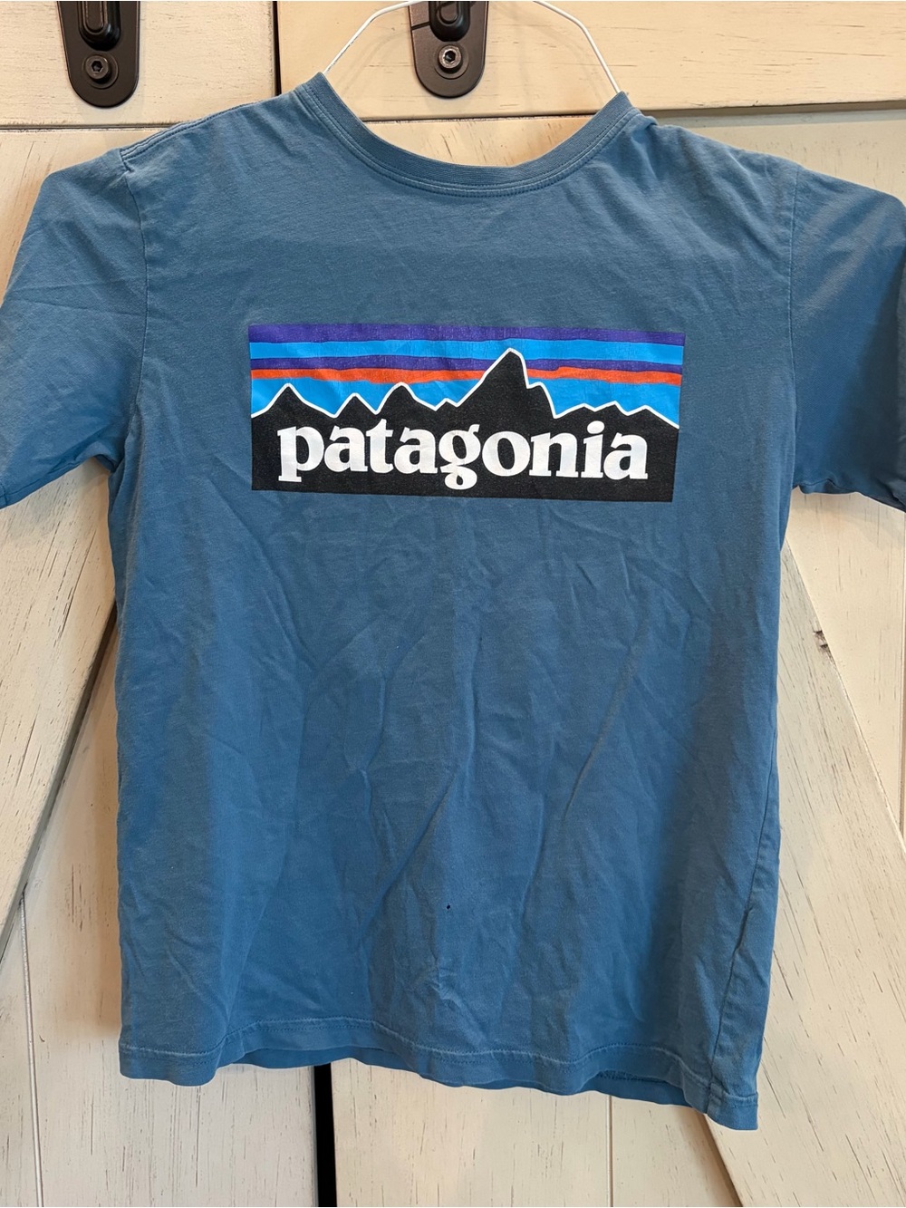 Patagonia Blue Kids Logo Tee with Multicolor Stripe Size 10